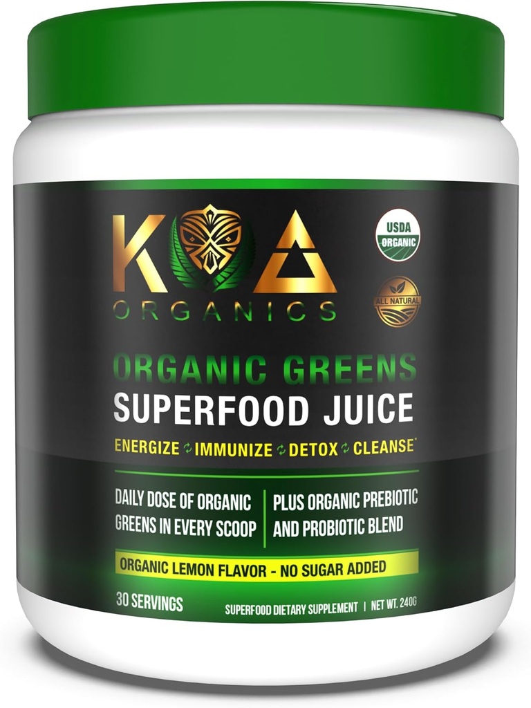 Greens Superfood Juice Powder - Spirulina, Chlorella, Matcha, Wheat Grass, Digestive Enzymes & Probiotics와 함께 USDA 유기농 슈퍼 그린 파우더 - 레몬 맛 -30 ServQ