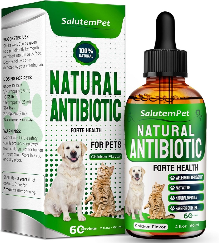 Dog Antibiotics Forte Health | 고양이를위한 항생제 | 모든 품종의 허브 보충 | 간편한 호흡 | 소화 및 우린 | 피부 및 외투 | 닭 맛 | 2 Oz