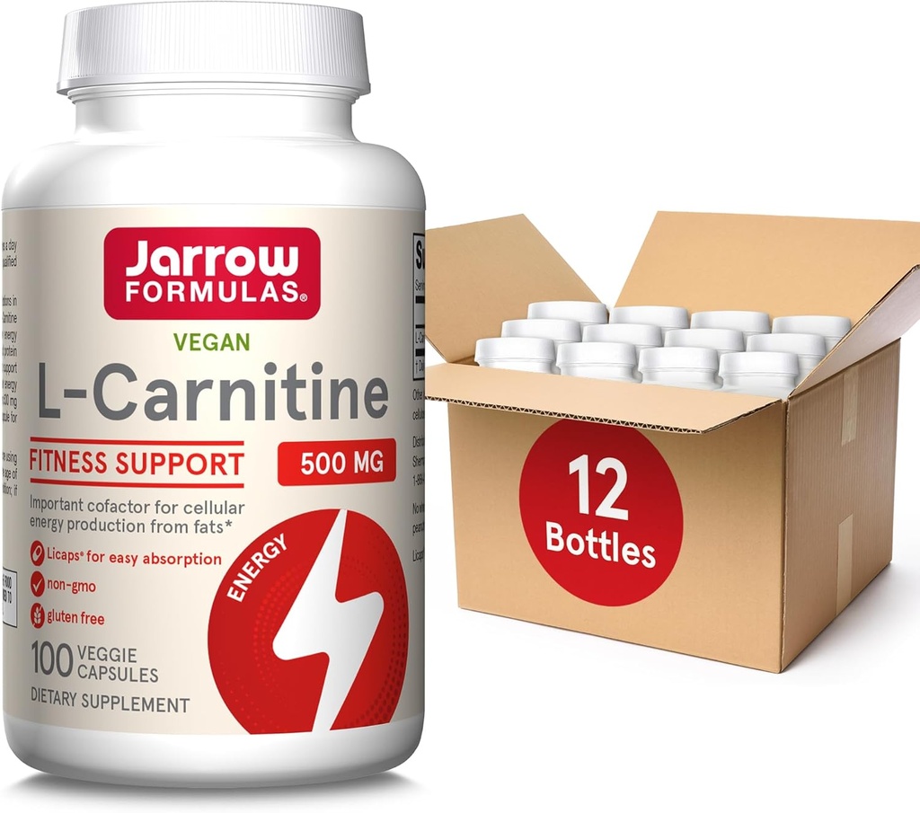 Jarrow Formulas L-Carnitine 500 mg - 100 Veggie Licaps - 지방에서 에너지 생산 (ATP)에 대한 중요한 요소 - 식 보충교재 - Vegan - 최대 100 서빙, 12 팩