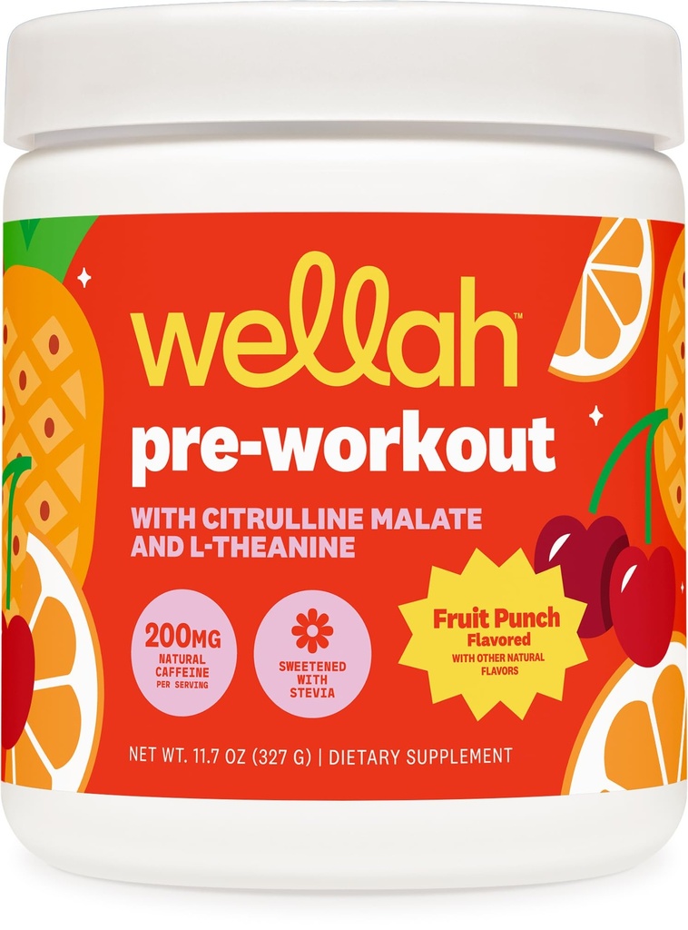 Wellah Pre-Workout 음료 혼합 (Fruit Punch flavored, 30 서빙) - Citrulline Malate 및 L-Theanine, 200mg of Natural Caffeine & 1000mg of Beta-Alanine