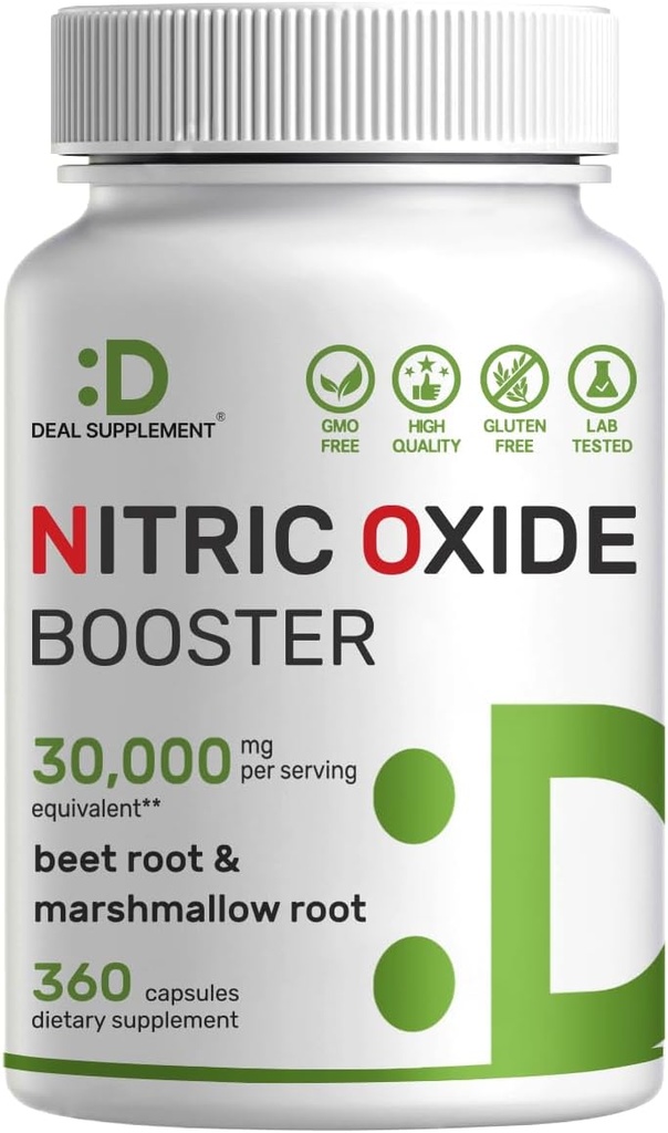 DEAL SUPPLEMENT Nitric 산화물 부스터 30,000mg Equivalent, 360 캡슐 – 자연 그대로 뿌리 & Marshmallow 뿌리 초본 혼합 – 근육 & 심장에 영양 흐름을 촉진 – 비 GMO