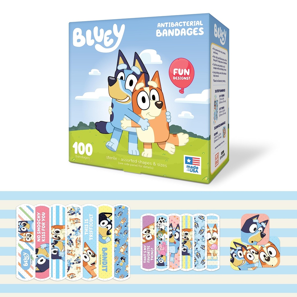 Bluey Kids Bandages, 3 개의 분류 된 크기 100 CT | 스티커, Minor Cuts, Scrapes 및 Burns의 유연한 접착 밴드와 같은 착용. 훌륭한 선물 아이디어 및 Stocking Stuffer