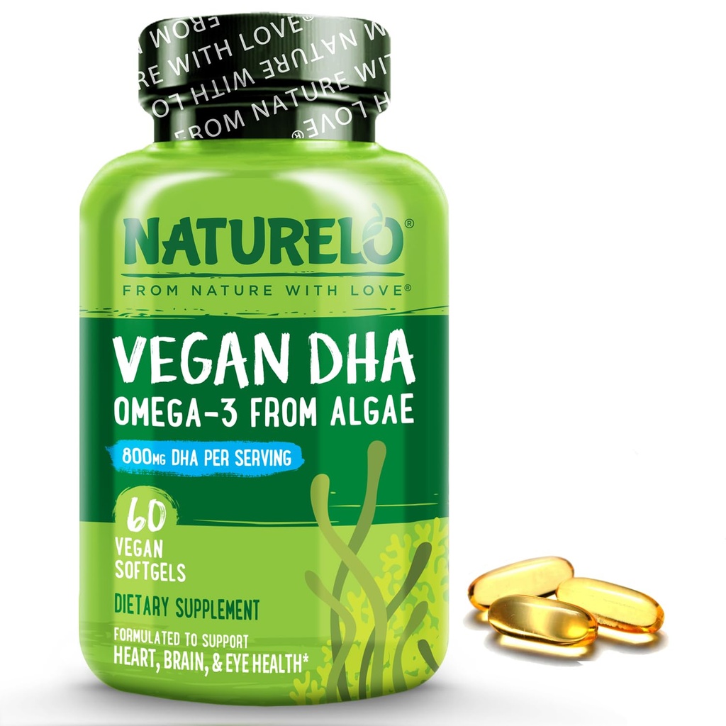 NATURELO Vegan DHA - 조류에서 오메가 3 오일 - 뇌, 심장, 관절, 눈 건강을위한 보충 - 여성, 남성 및 어린이를위한 필수 지방산을 제공합니다 - 보완 예비 비타민 - 60 Softgels