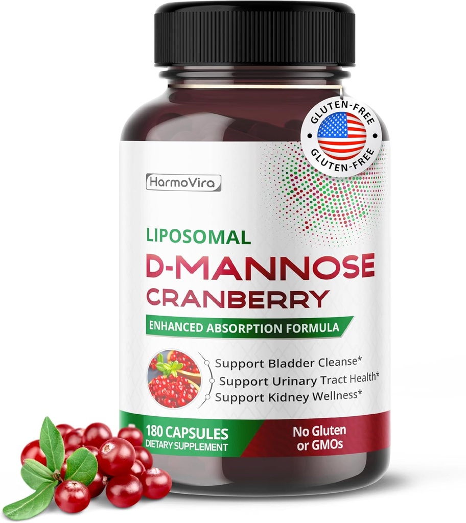 Liposomal D-Mannose Cranberry 보충 – 180 캡슐 | Uva Ursi, Hibiscus, Black Pepper | 향상된 흡수 포뮬러 | Non-GMO, 글루텐 프리