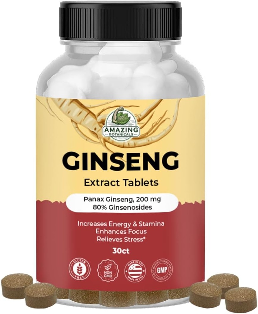 놀라운 식물 Panax 인삼 추출물 정제 - 200mg 에너지 및 휴식을위한 고분 80% Ginsenoside - Cognitive Booster 용 천연 초본 보충 - 30 정제