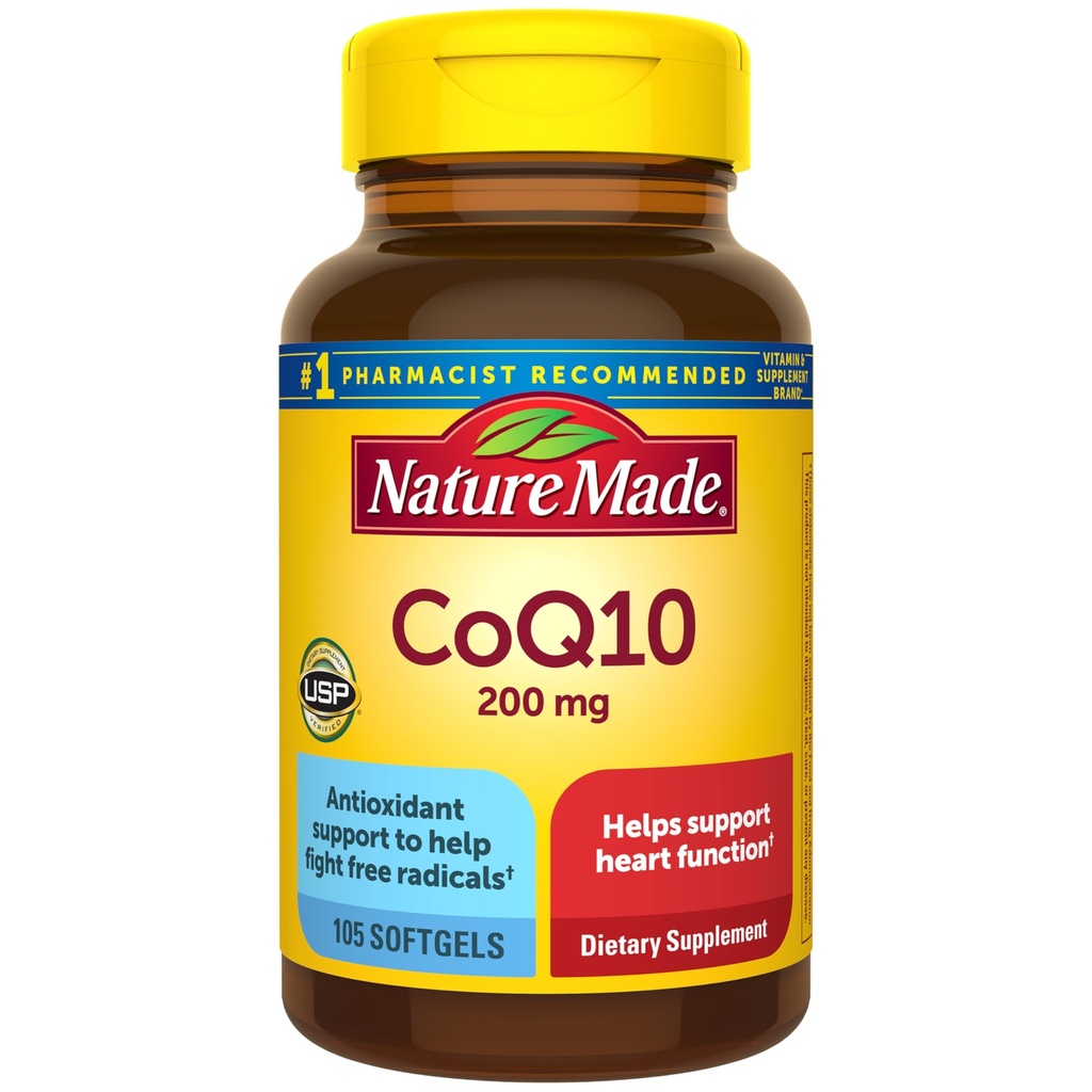 Nature Made CoQ10 200mg Softgels, 심장 건강 지원, 105 Softgels, 105 일 공급을 위한 규정식 보충교재
