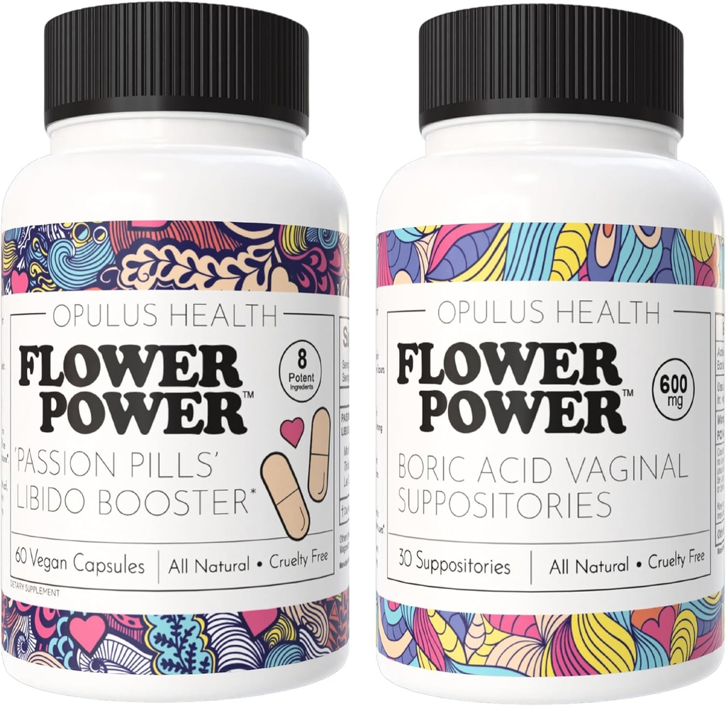 Flower Power - 열정 알약 리비도 부스터 & Boric Acid Suppositories - 강화 된 리비도, 냄새 제어 및 균형 질 건강을위한 모든 자연 Feminine 케어 번 - 60 Vegan 캡슐, 600mg - Ma