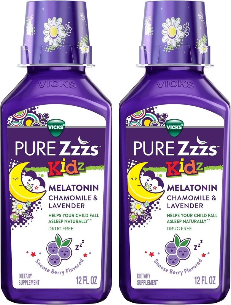 Vicks 순수한 Zzzs Kidz Melatonin, 아이 Melatonin 액체, 잠 원조, 약 자유로운, Chamomile & Lavender와 더불어 액체 Melatonin 1mg, 아이를 위한 Melatonin 잠 원조, Snooze Berry 맛있은, 2 팩, 24 FL OZ