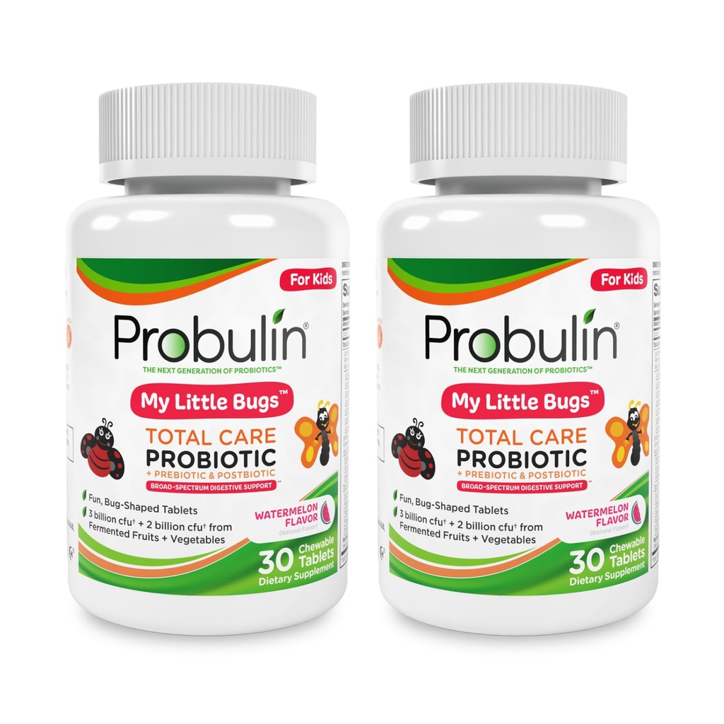 Probulin Total Care My Little Bugs Prebiotics, Probiotics & Postbiotics - 5 억 CFU - 15 Strains - 30 킬레이트 정제 (트윈 팩)