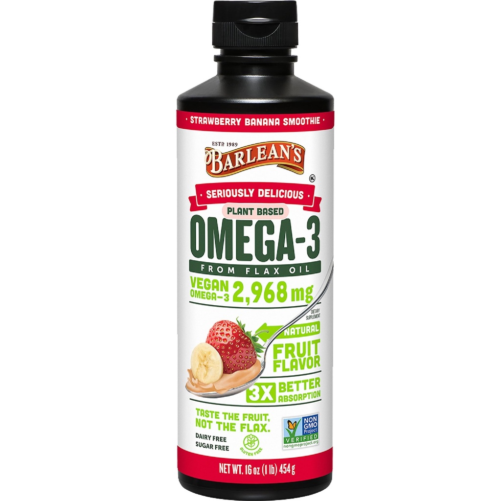 Barlean 's Vegan Omega 3 6 9 Flaxseed Oil Liquid Supplement, Strawberry Banana Smoothie, 2,968 mg ALA Fatty Acid, Non-GMO 및 글루텐이없는 Flax Seeds Oil 16 oz