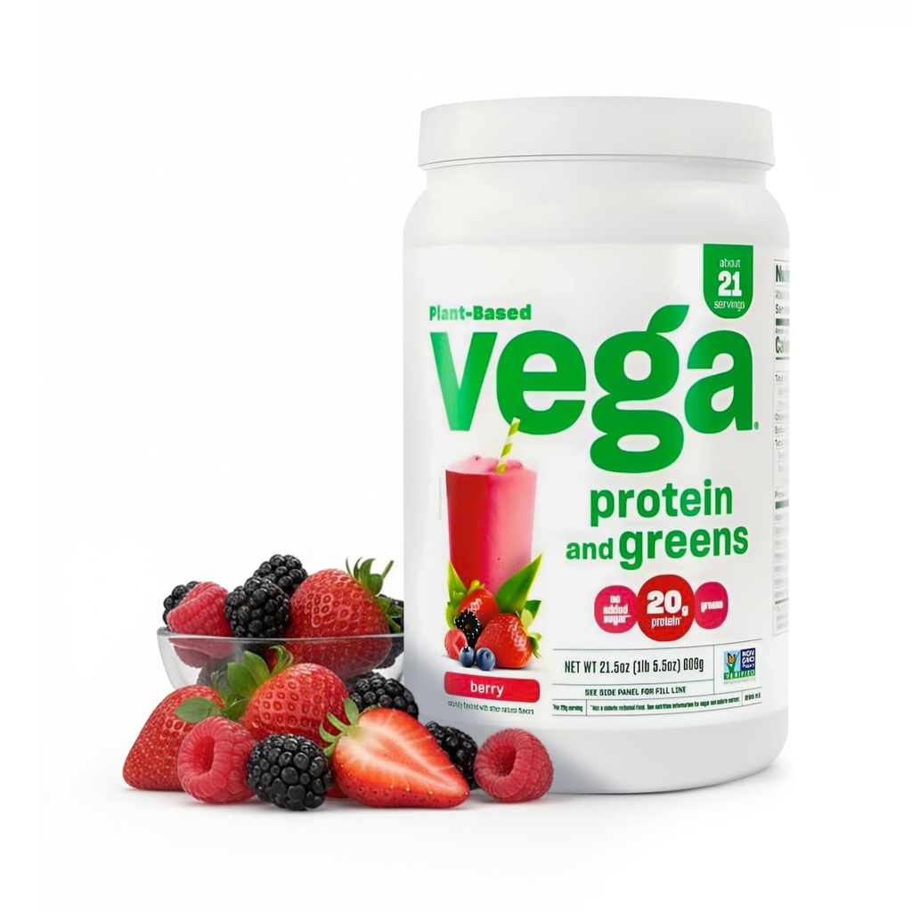 Vega Protein 및 Greens Protein Powder, Berry - 20g Plant 기반 Protein Plus Veggies, Vegan, Non GMO, 여성 및 남성용 완두 단백질, 1.3 lbs (패키지 May Vary)