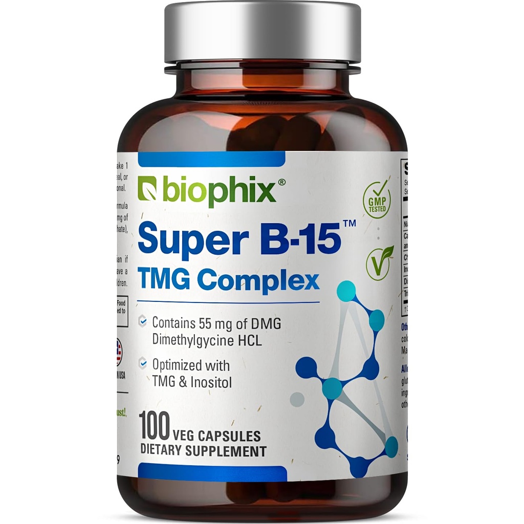 Biophix Super B-15 100 Veggie Caps - Niacin 칼슘 Choline Inositol DMG TMG - 건강한 산소 에너지 수준을 지원합니다