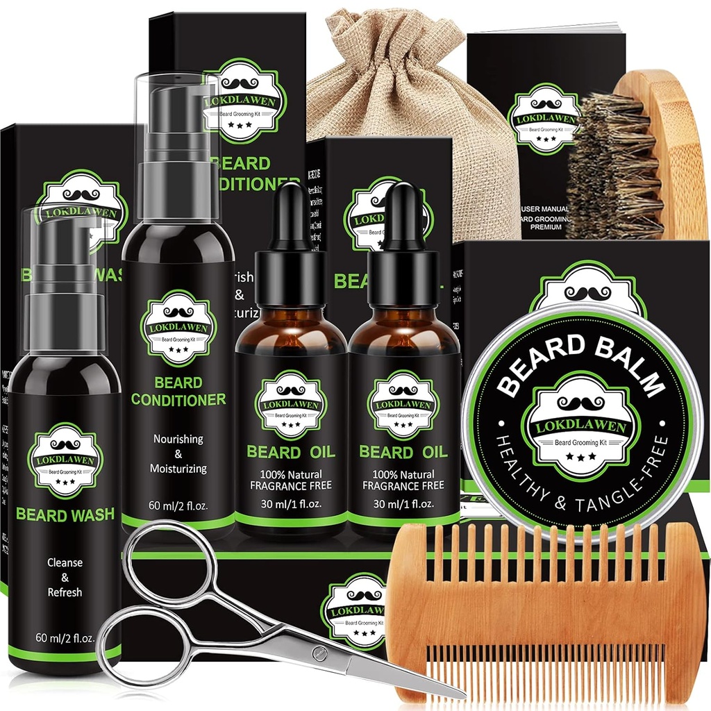 Beard Wash, Beard 컨디셔너, Beard Oil, Beard Balm, Brush, Comb, Scissors, Storage Bag, Men 아빠 남편 Boyfriend의 선물과 남성을위한 Beard Kit