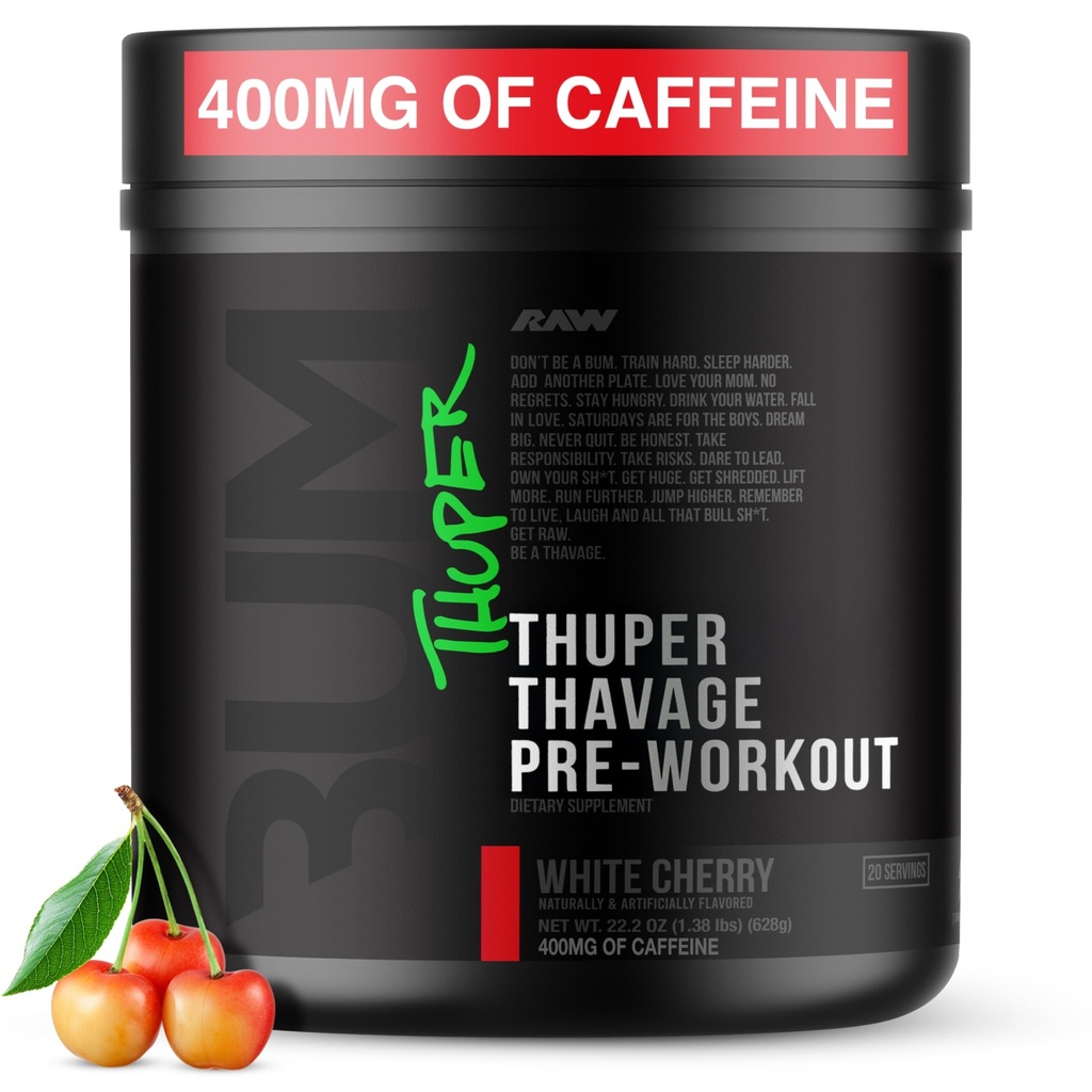 RAW Thuper Thavage Pre Workout Powder - Creatine, Beta Alanine, L-Citrulline & Caffeine과의 고위 Preworkout - Chris Bumstead 체육관 및 피트니스 보충 - 화이트 체리
