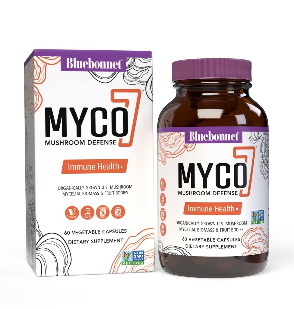 BlueBonnet 영양 Myco-7 버섯 방어 - 7 유기적으로 미국 전체 성장, 전체-Cycle 버섯 - Immune & Wellness - Soy-Free, Gluten-Free, Non-GMO, Kosher 및 Vegan - 60 야채 캡슐