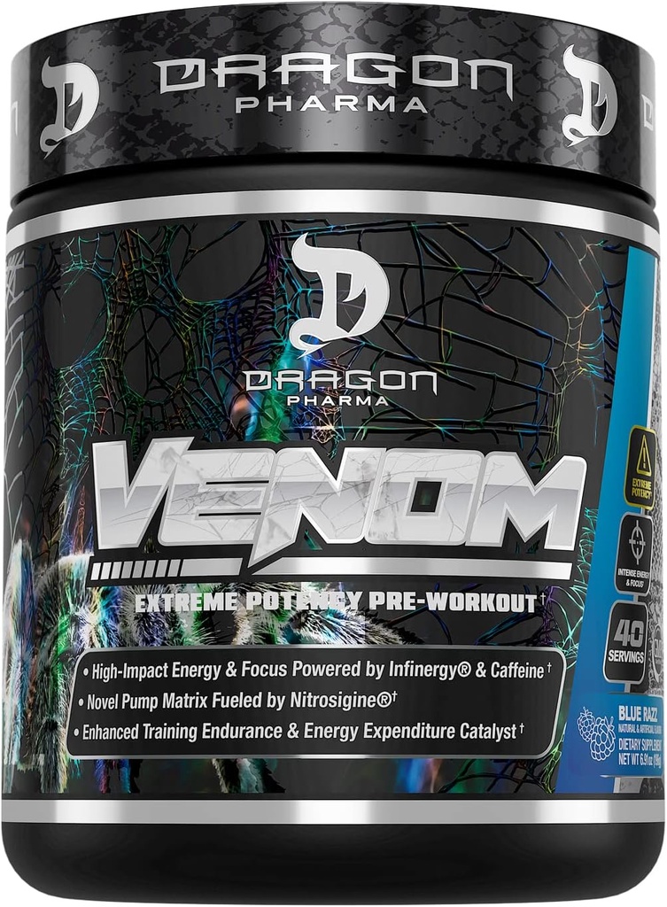 DRAGON PHARMA Venom Extreme Potency Pre-Workout, Laser Sharp Focus + Energy, Intense Performance, 향상된 Vasodilation 및 Endurance (40 서빙, 블루 라즈베리)에 대한 입증 된 성분