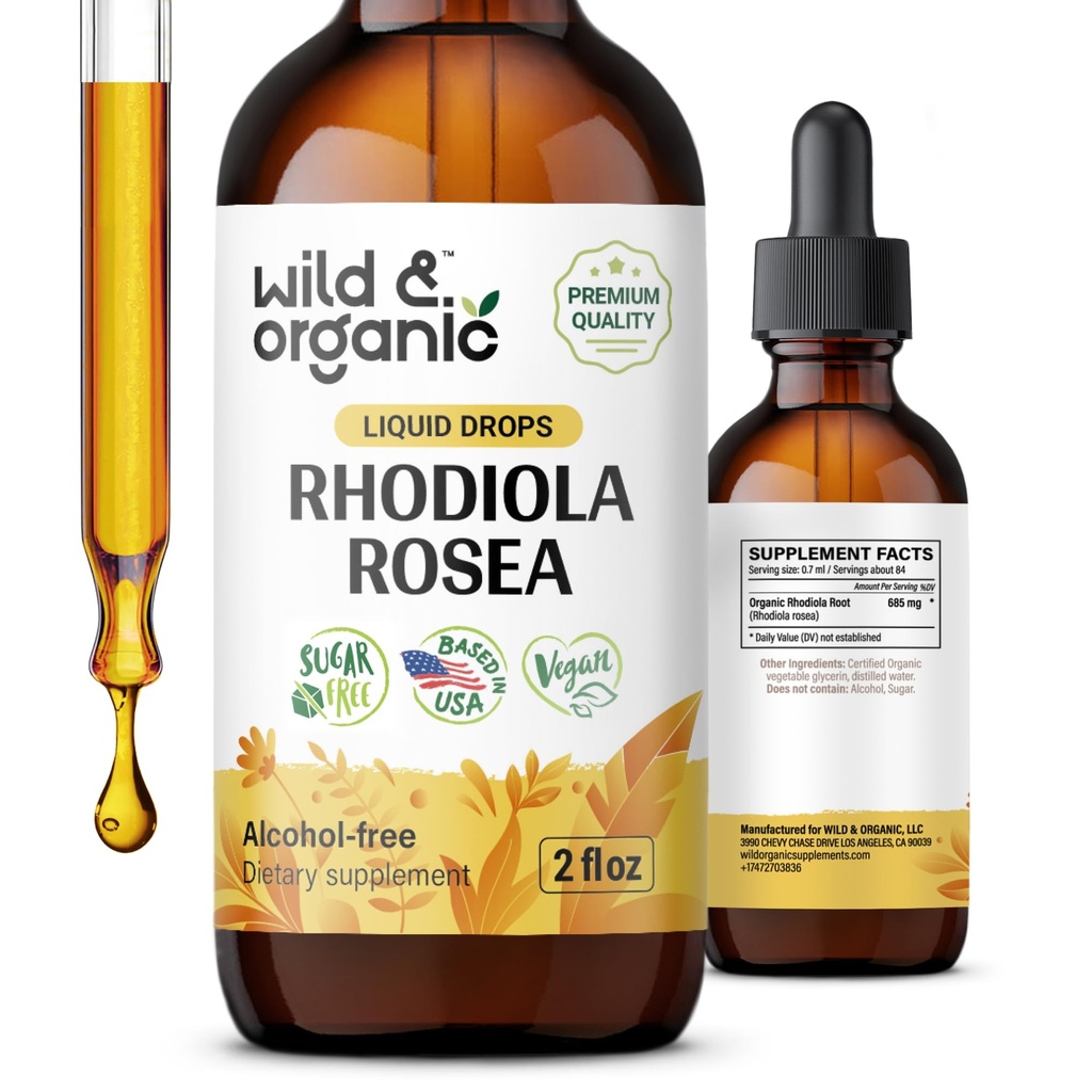 Wild & Organic Rhodiola Rosea Tincture - Mood Support - Relaxing Rhodiola Supplement - 뿌리 추출물 액체 드롭 - 채식, 설탕 및 알코올 - 무료 2 fl oz