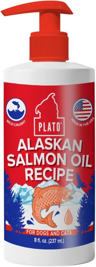 PLATO 야생 알래스카 연어 오일 Kibble Topper - 오메가 3 및 6 지방산이있는 부스트 개 식품 - 건강한 피부 및 코트 - 8 온스