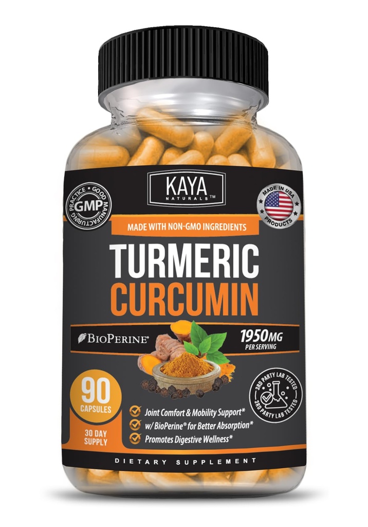 Kaya Naturals Turmeric Platinum, 60 카운트 캡슐, Bioperine, 95 % 표준 Curcuminoids와 프리미엄 지원 - 60 캡슐