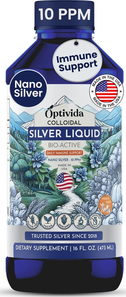 Optivida Health Nano Colloidal Silver Liquid (1 LB) – Immune Support Supplements with Silver Hydrosol, Immune Support, Colloidal Silver for Immune System, 10 PPM.