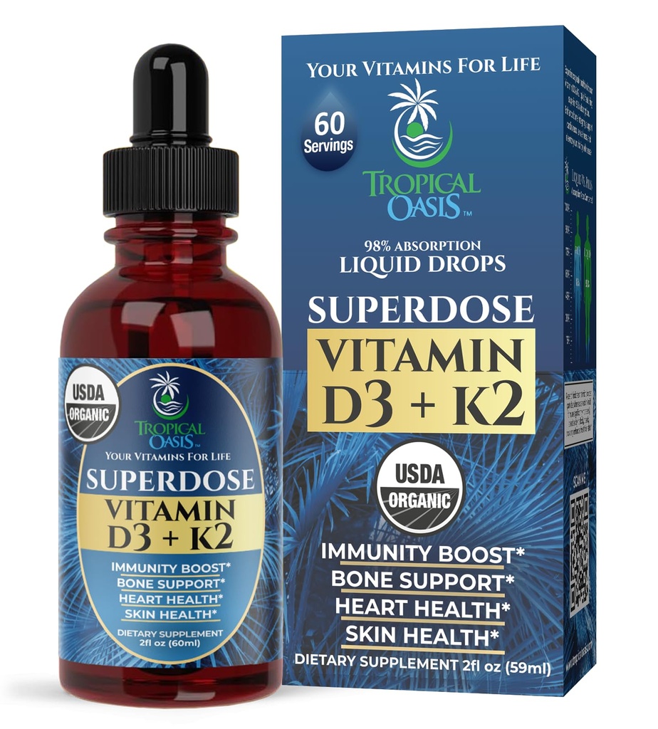 USDA 유기 액체 비타민 D3 K2 성인 용 드롭 | Superdose 8000IU Pure Vitamin D3 | 60 Serv | 비타민 D K2 보충제 면역 지원 및 뼈 건강 | 98% 흡수 | Vegan, Non-GMO | 2 Fl Oz