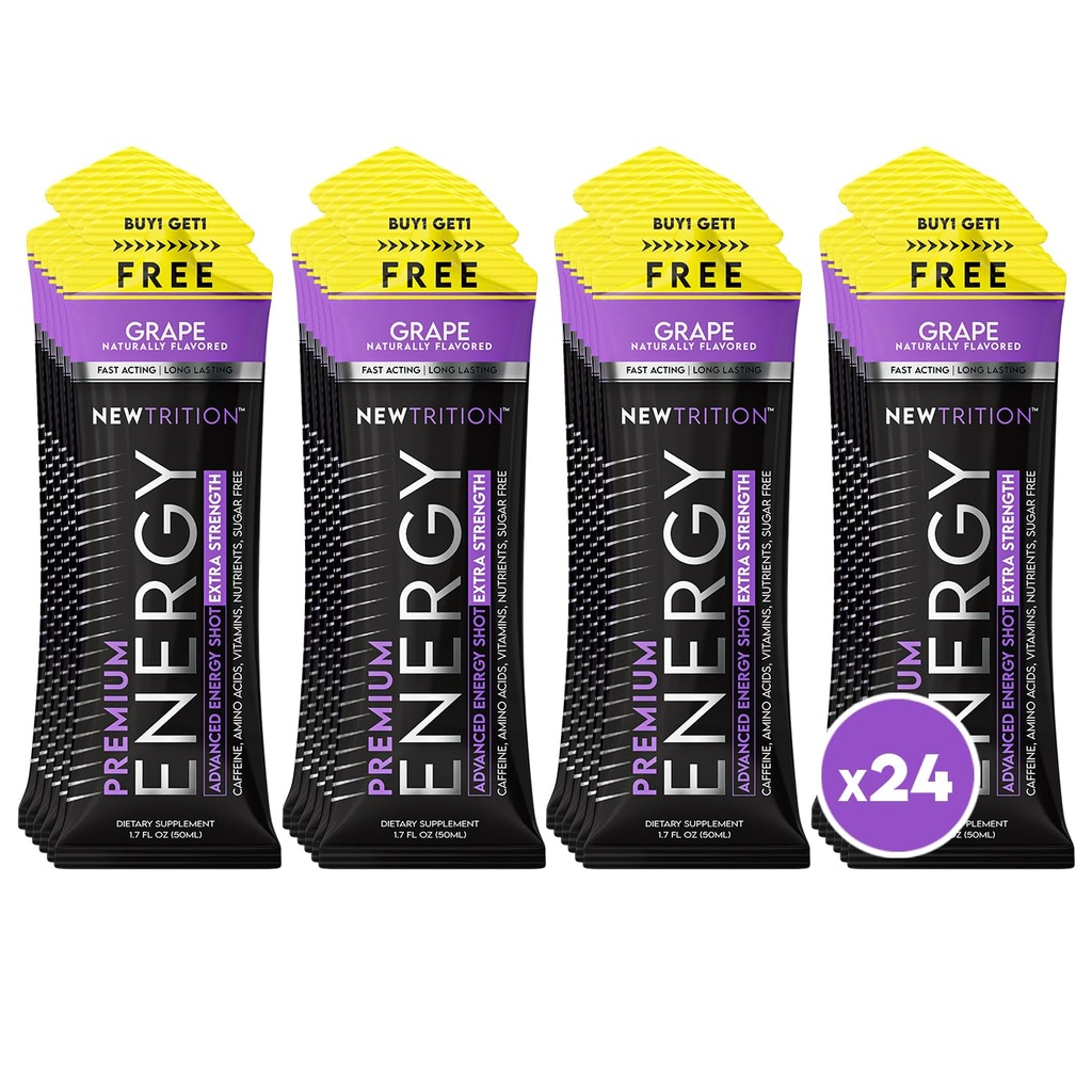 NewTrition® Extra Strength Energy Shot, 비타민 B 및 아미노산이있는 250mg 카페인 에너지 샷, 설탕없는 비타민 에너지 샷, 1.7 fl oz (24, 포도 포장)