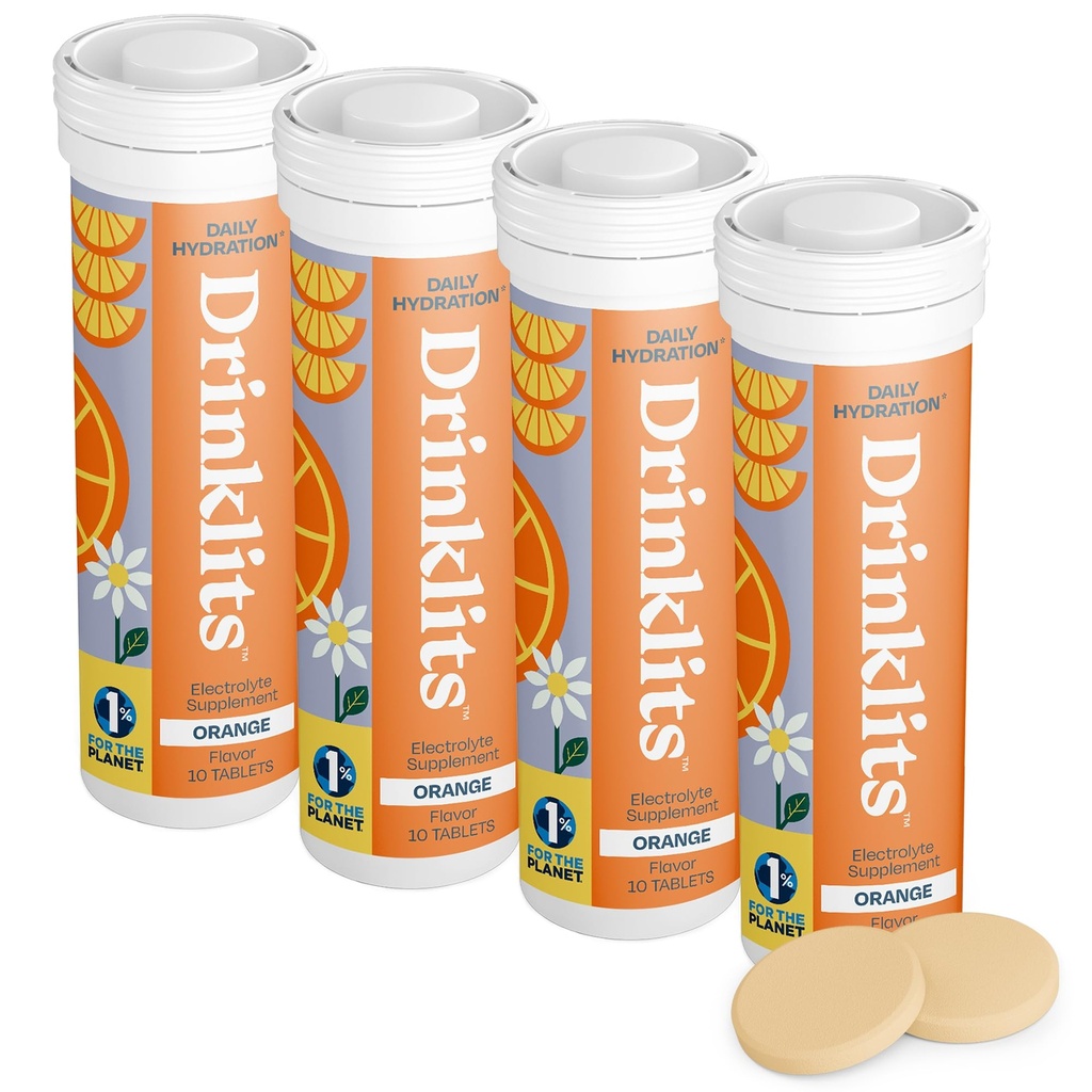 Drinklits Orange Daily Electrolyte Hydration Tablets (4) 튜브 번들 | 0g Sugar – 천연 스포츠 음료 – 훌륭한 맛 | 4 팩 (40 인분)