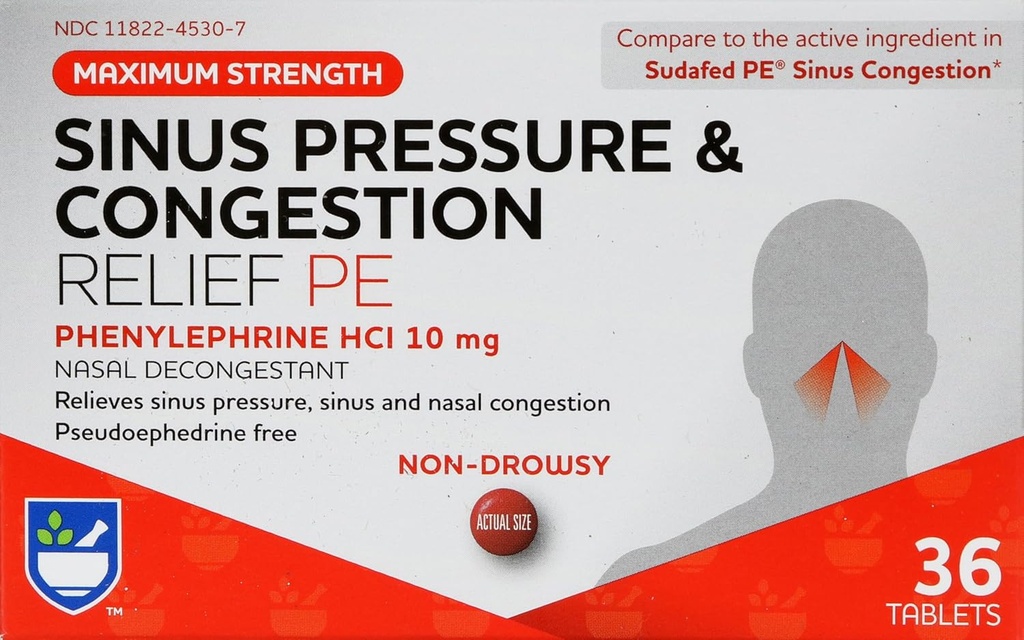 Rite Aid Sinus Pressure and Congestion Non-Drowsy Relief PE, 10mg - 36 Tablets Nasal Decongestant | Sinus Relief | Allergy Medication Non Drowsy | 알레르기 완화 | 시우스 압력 | Mucus Relief