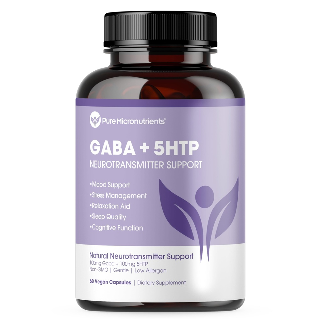 Pure 5-HTP (5-Hydroxytryptophan) Plus GABA 보충 - 수면, 무드 및 스트레스 관리 - 60 Veggie Caps