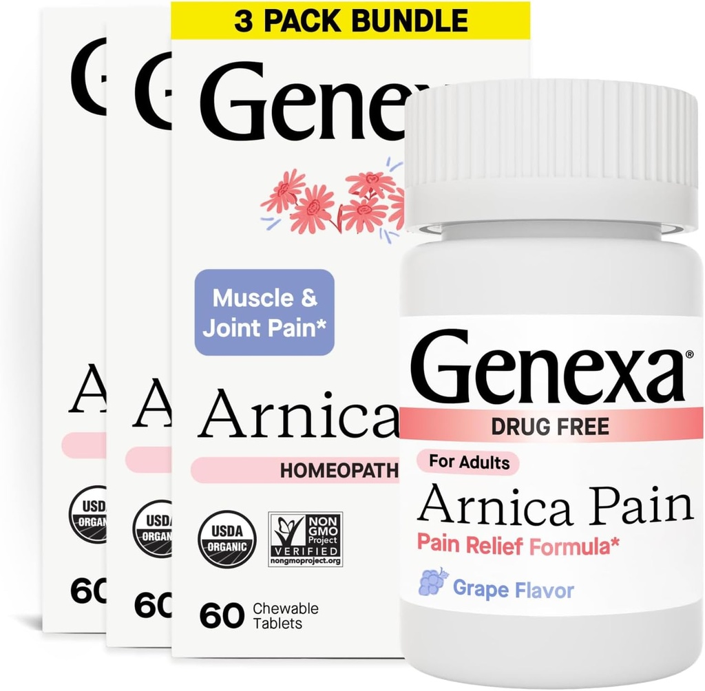 진통제를위한 Genexa Arnica 정제 | Alleviate Muscle & Joint Pain, Soreness, & Stiffness | 맛있는 유기농 포도 맛 | Homeopathic Remedy Made Clean | 300 Chewable Tablets (3 Pack)