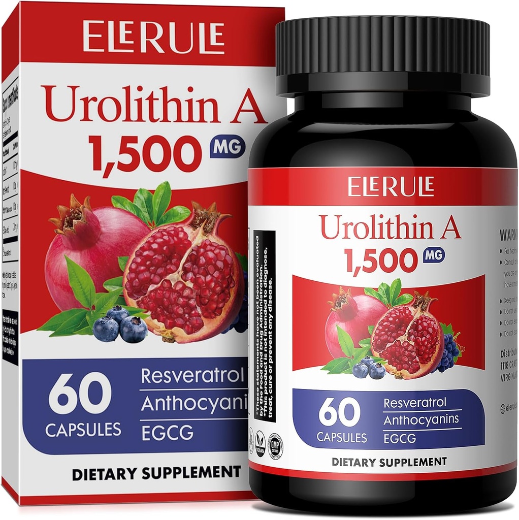 Urolithin 보충 1000 mg 플러스 Trans-Resveratrol, Anthocyanins, 녹차, 건강한 노후화, 지원 셀룰러 및 에너지 남자 & 여자, 60 캡슐