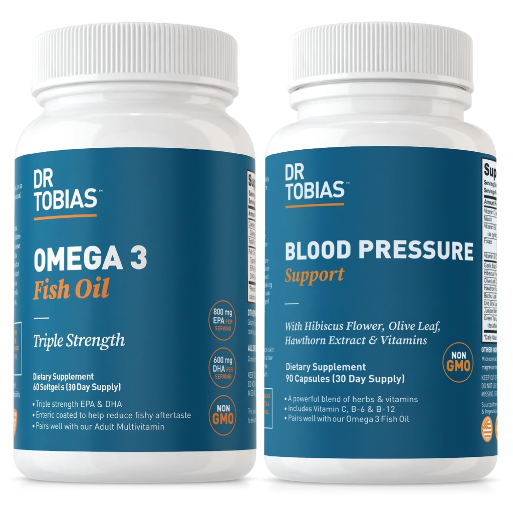 Tobias Omega 3 Fish Oil & Blood Pressure Support는 심장, 뇌, 면역, 순환 건강, 비타민 C, B6, B12, Niacin, Folate & 허브와 함께 보충제를 지원합니다.