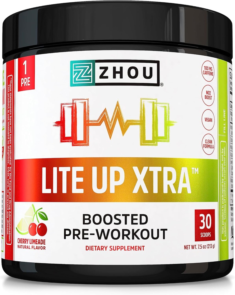 Zhou Lite Up Xtra - Sugar Free Pre Workout Powder for Women & Men, Clean Energy, Amino Acid Support, Hydrate & Focus, Plant Based - 30 Scoops 용 카페인과 사전 운동 보충