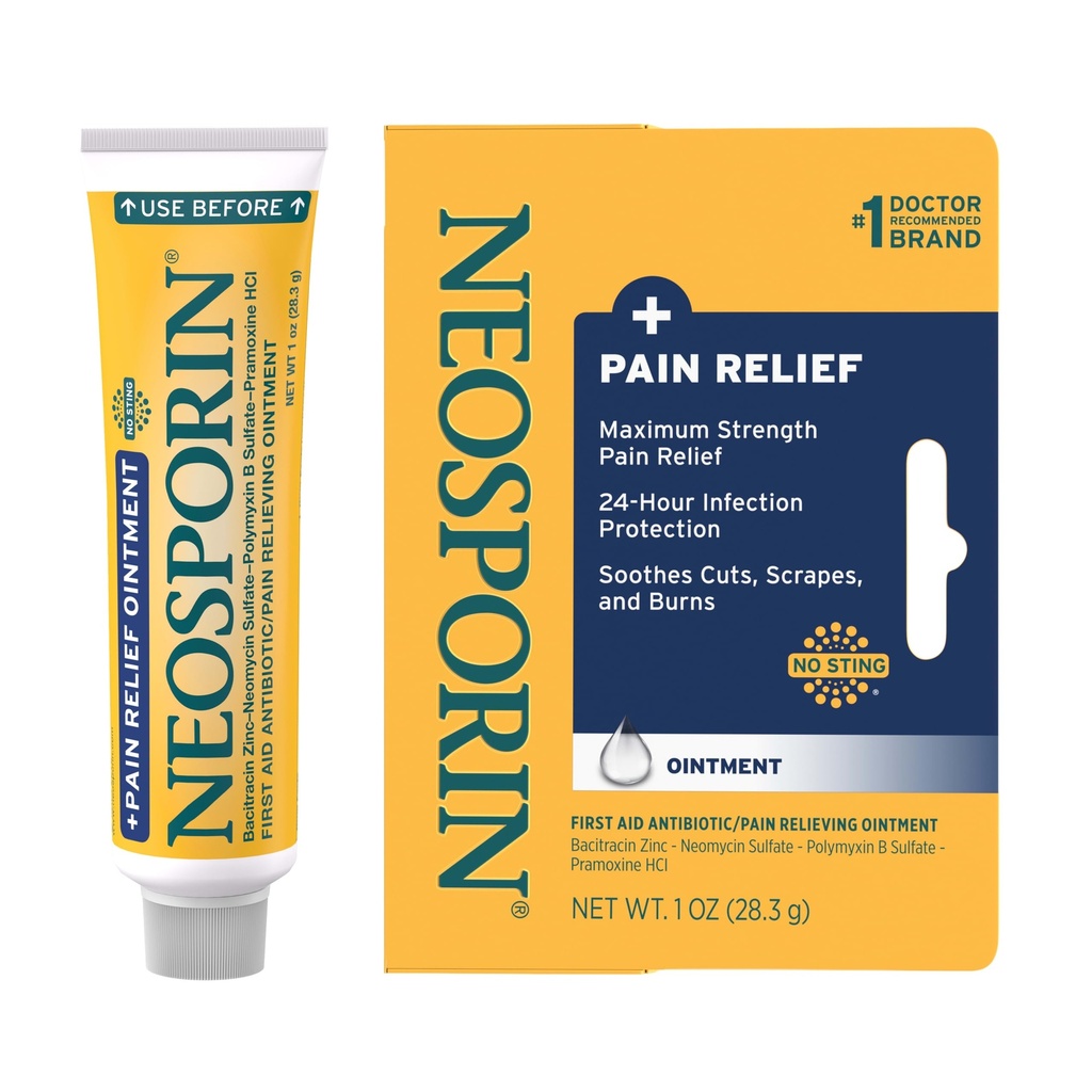 Neosporin + 통증 완화, 이중 행동 첫 번째 보조 부상 치료, Pramoxine HCl, Bacitracin 아연, 1 oz 단일 튜브가있는 No-Sting 공식