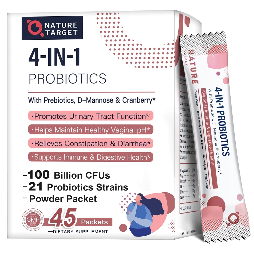 NATURE TARGET Probiotics-for-Women Prebiotics-and-Probiotics-Powder, 100-Billion-CFUs 45-Day-Supply, Urinary Tract/Gut/Digestive Health를 위한 D-Mannose와 Cranberry와 여성 프로바이오틱스