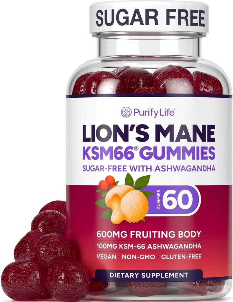 Sugar Free Lion Mane Supplement Gummies with KSM-66 Ashwagandha - Cognition, Brain Fog, Mental Clarity, Focus & 스트레스 지원을위한 Nootropic 보충 - 미국산 천연 베리 맛