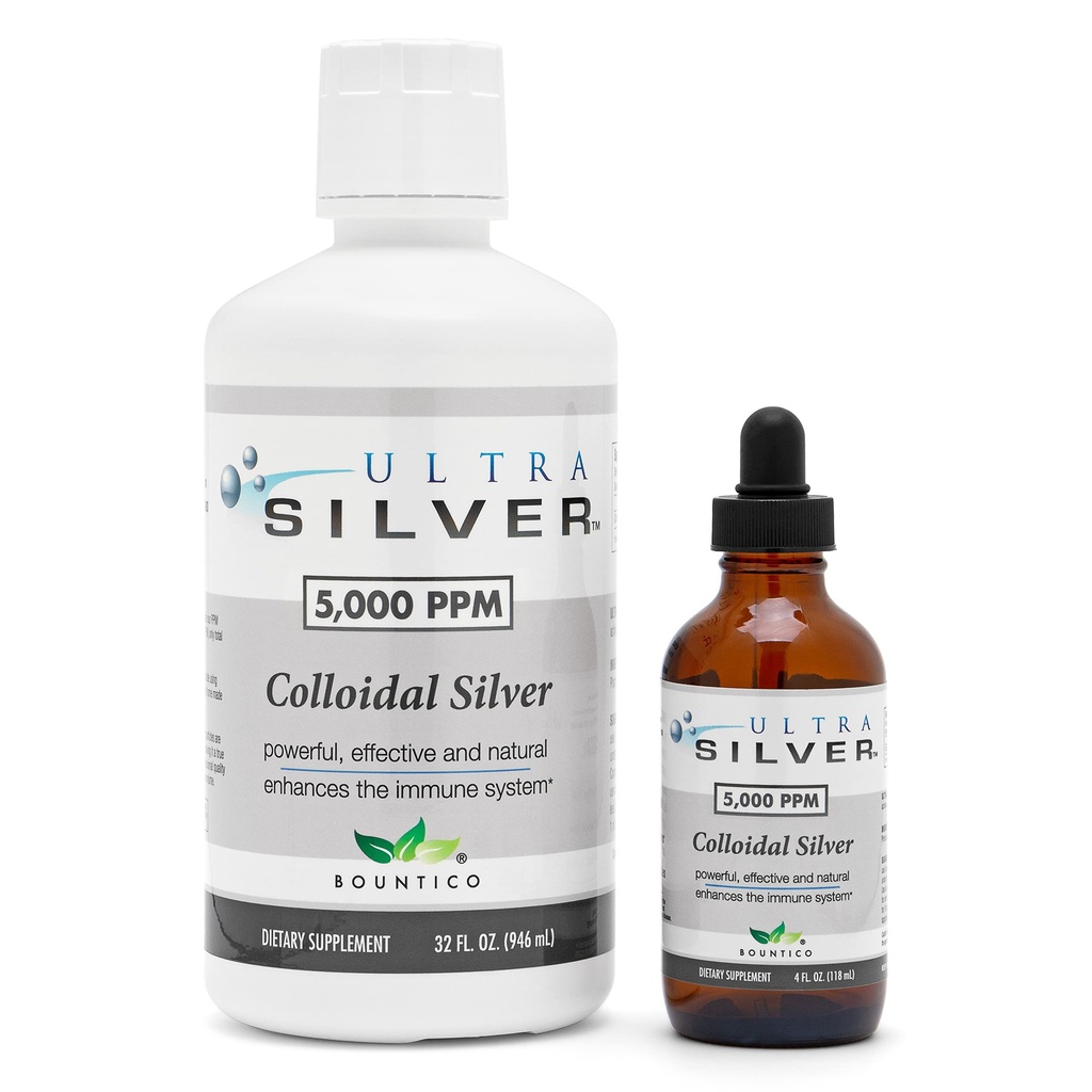 울트라 실버® 콜로이드 실버 | 5,000 PPM, 32 Oz (946mL) | 미네랄 보충 | True Colloidal Silver - 4 oz Dropper Bottle(Empty) 포함!