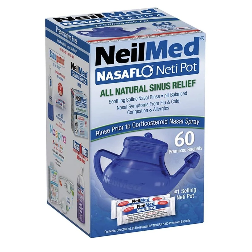 NeilMed NasaFlo 60 Premixed Packets를 가진 깨지지 않는 Neti 남비