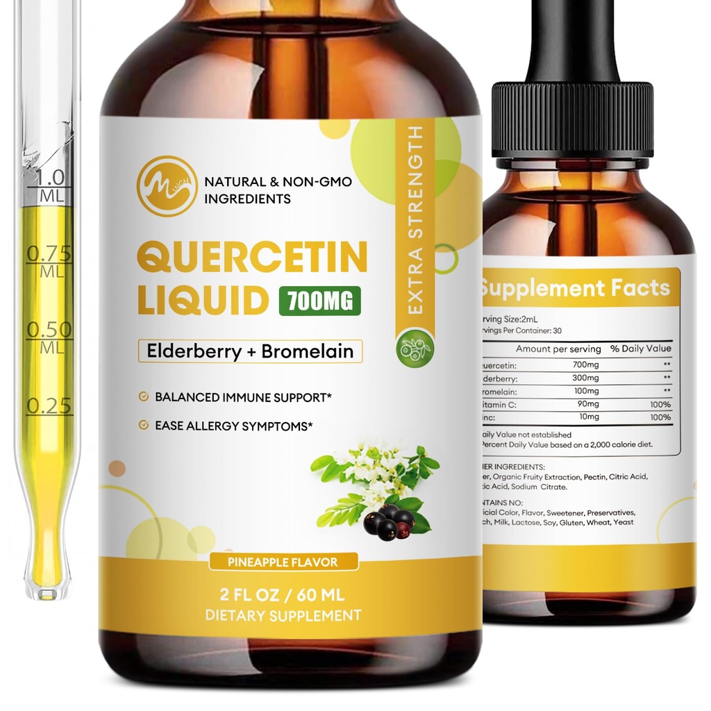 Quercetin 액체 방울 - Quercetin는 700mg를 보충합니다 - 알약 & 캡슐 보다는 4X 더 강한 - 면역력 건강 피부 관리 2 Fl Oz를 위한 Bromelain Elderberry 비타민을 가진 1개의 Quercetin에서 5