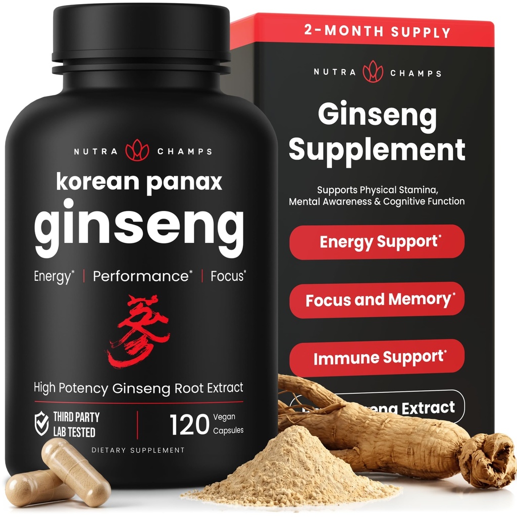 NutraChamps Korean Red Panax Ginseng Capsules | 에너지, 초점, 성능, 활력 및 면역 지원에 대한 추가 강도 인삼 캡슐 | Korean Ginseng Root Extract (120, Red)