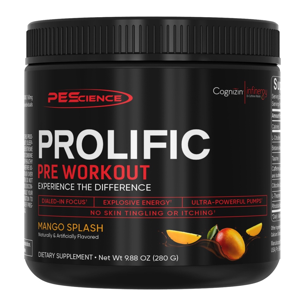 PEScience Prolific Pre Workout Powder for Men & Women with L-Citrulline Nitric Oxide Booster, 에너지 분말 및 초점을위한 Nootropic - Beta Alanine없이 Preworkout - 40 Scoops, Mango Splash