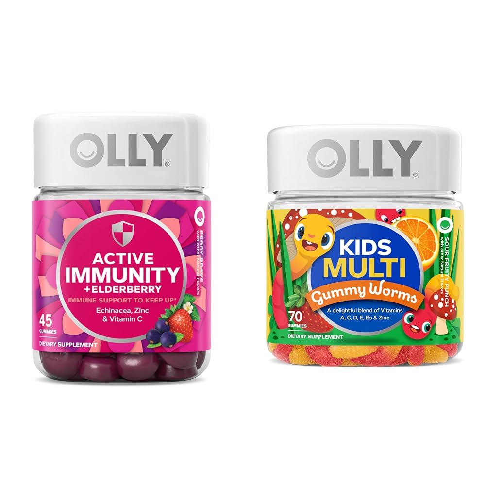 OLLY Gummy 활성 Immunity+Elderberry 45 Gummies & Kids Multivitamin 거미 웜 70 카운트
