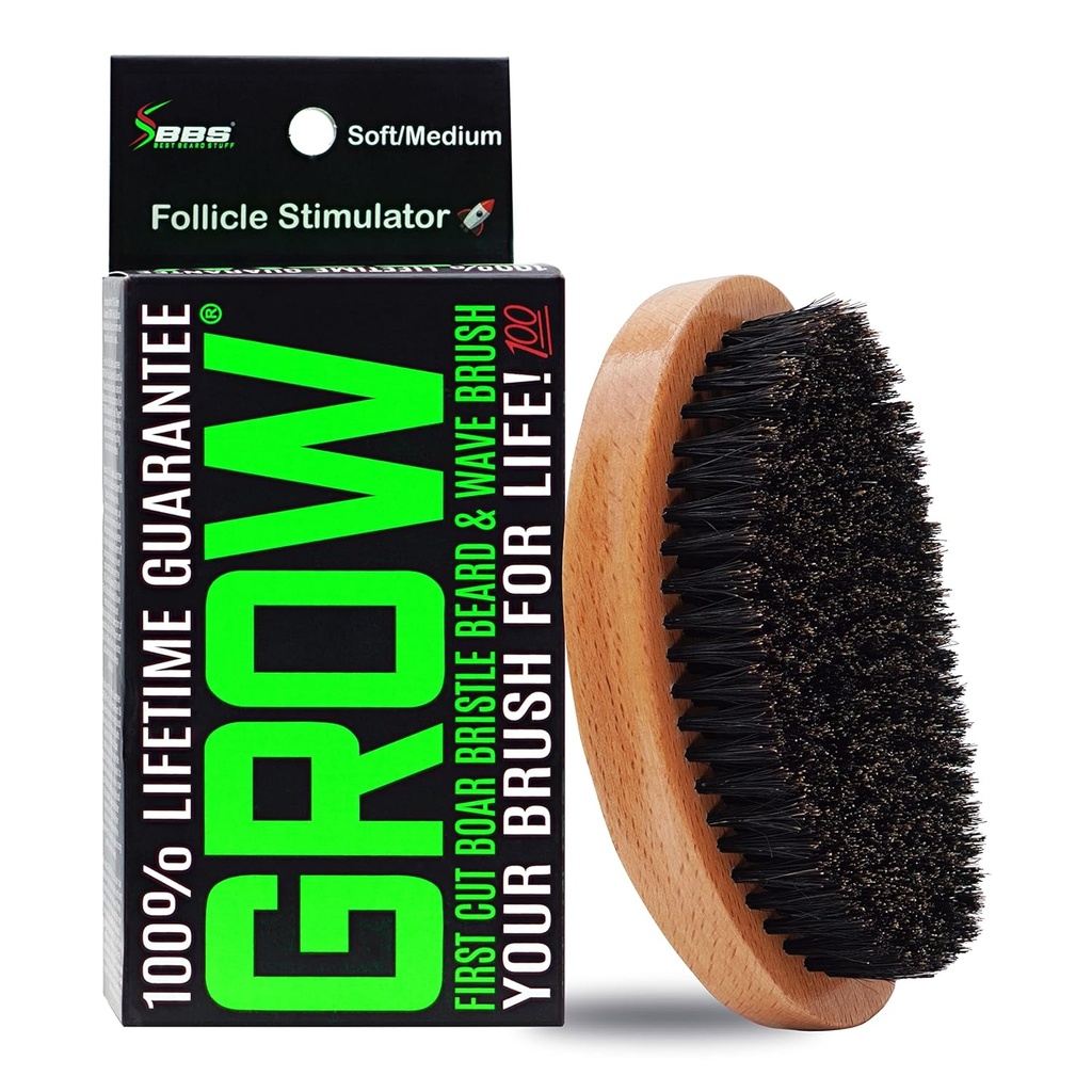 GROW Boar Bristle Beard Brush & 360 Wave Brush for Men – Beard and Mustache Growth Brush – 남성용 Beard Brush & Follicle Stimulator – Exfoliate, Detangle & Boost Circulation – 미국 제작