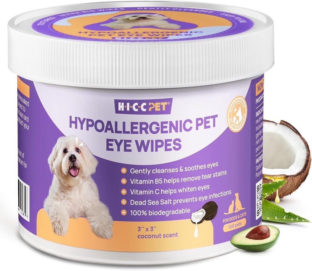 HICC PET Eyes Wipes for Dogs & Cats, Vet-Recommended Dog Eye Infection treatment, Gently Remove Tear Stain, Debris, 방전 - Hypoallergenic Pet Eye Wash Cleaner for Eye, 주름, 얼굴 - 100pcs