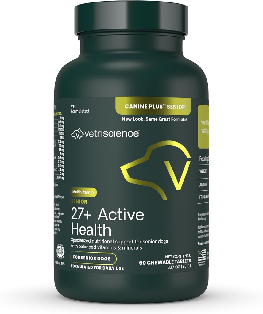 VetriScience 고위 27+ 활동적인 건강 Chewable 정제, 고위 개를 위한 Canine 플러스 매일 Multivitamin, 균형이 잡힌 비타민, 무기물 및 산화 방지제, 노후화 및 웰니스 지원, Veggie, 60 조사