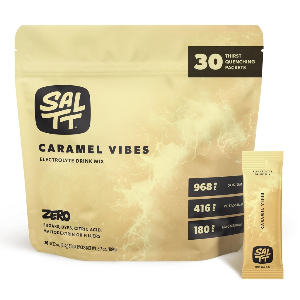 SALTT 전해질 분말 맛 음료 혼합 - Caramel Vibes - 30 Hydration Packets - 마그네슘, 칼륨, 나트륨, 추적 미네랄 - Zero Sugar & 글루텐 무료 - 여행 필수