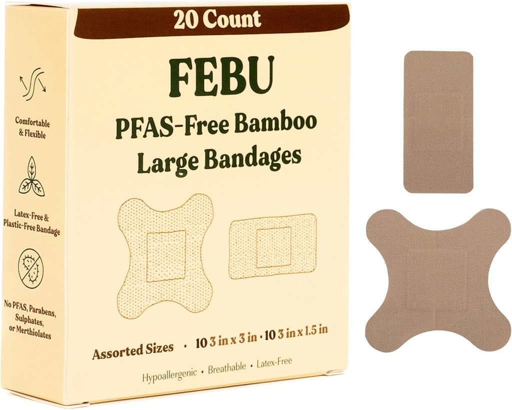 FEBU Eco-Friendly 대형 대나무 붕대 | PFAS Free Bandages for Scrapes & Cuts | 유연한 직물 붕대 | 완전 퇴비, 유액 무료 붕대 | 20 개