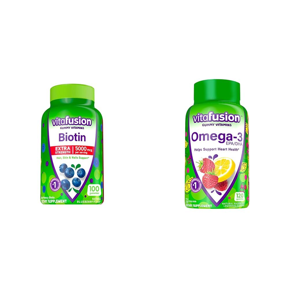 Vitafusion Extra Strength Biotin Gummy Vitamins, Berry flavored, 5,000 mcg Biotin Vitamins, America' & Omega-3 Gummy Vitamins, Berry Lemonade flavored, 심장 건강 비타민(1)