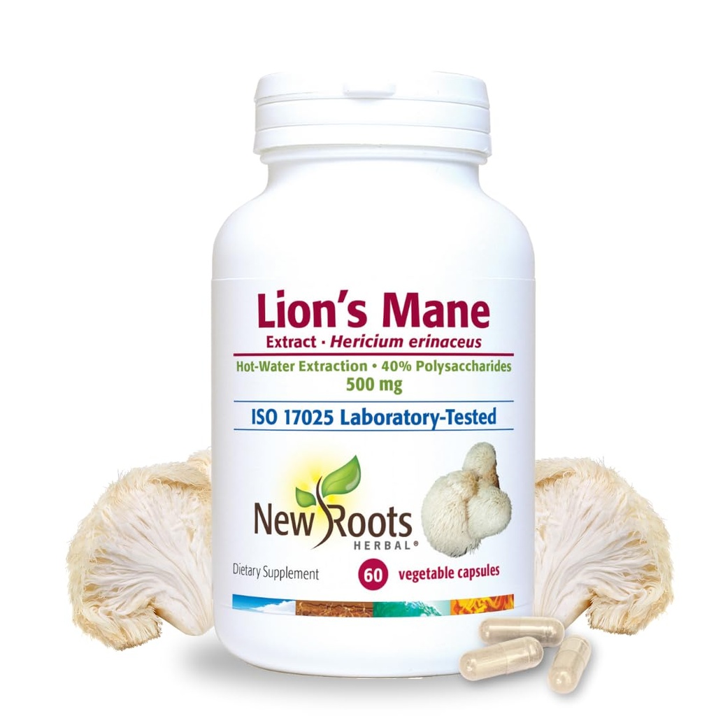 새로운 ROOTS HERBAL 사자 Mane 보충 캡슐 | 500mg 사자 Mane 버섯 집중된 온수 추출물 | 기억, 초점 & 면역 지원 보충교재 | 60 Veggie 모자