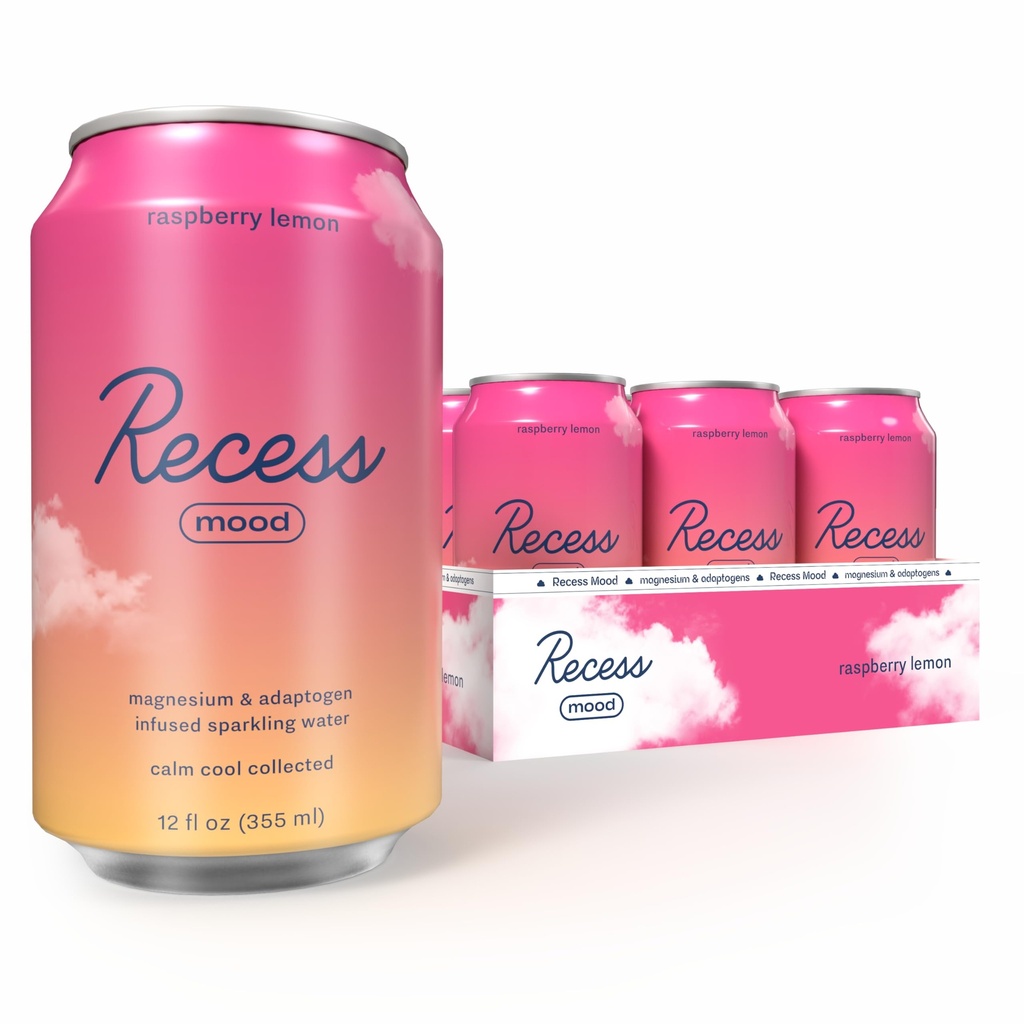 Recess Mood Magnesium & Adaptogen 음료, Calming Relaxation 음료, 12 온스 (Raspberry Lemon, 12 팩)